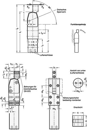 Ganter 865-20-BI-NC Kraftspanner, Stahl C 45, chemisch vernickelt - GN 865 Kraftspanner - pneumatisch-Skizze