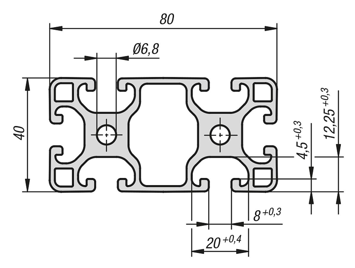 Norelem 10045-084080X1000 ALUMINIUMPROFIL LEICHT 1000X80X40, TYP I - NLM 10045 Aluminiumprofile 40x80 leicht Typ I - Massblatt