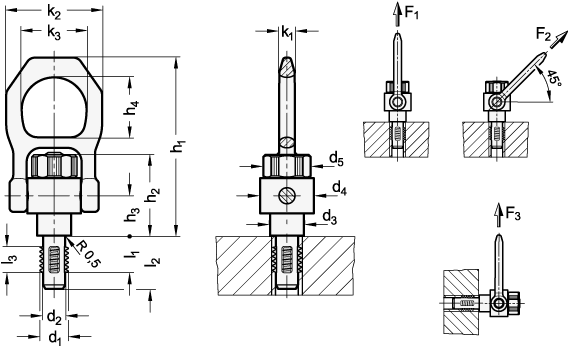 Ganter 1135-M10-14-NI  Gewindetragbolzen, Edelstahl, selbstsichernd, mit drehbarem Schäkel, Gewinde d1: M 10, Länge l1: 14, d2: 8.35 - GN 1135 Gewindetragbolzen - Edelstahl - selbstsichernd - mit drehbarem Schaekel - Massblatt
