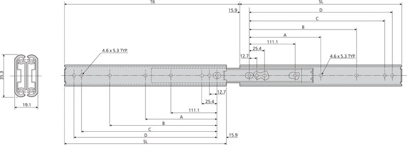 Accuride DZ0301-0020 Teleskopschienen 100% Überauszug, 19,1x35,3, SL 508, TR 530, 60kg, hell verzinkt - 0301 Accuride Teleskopschiene technische Zeichnung