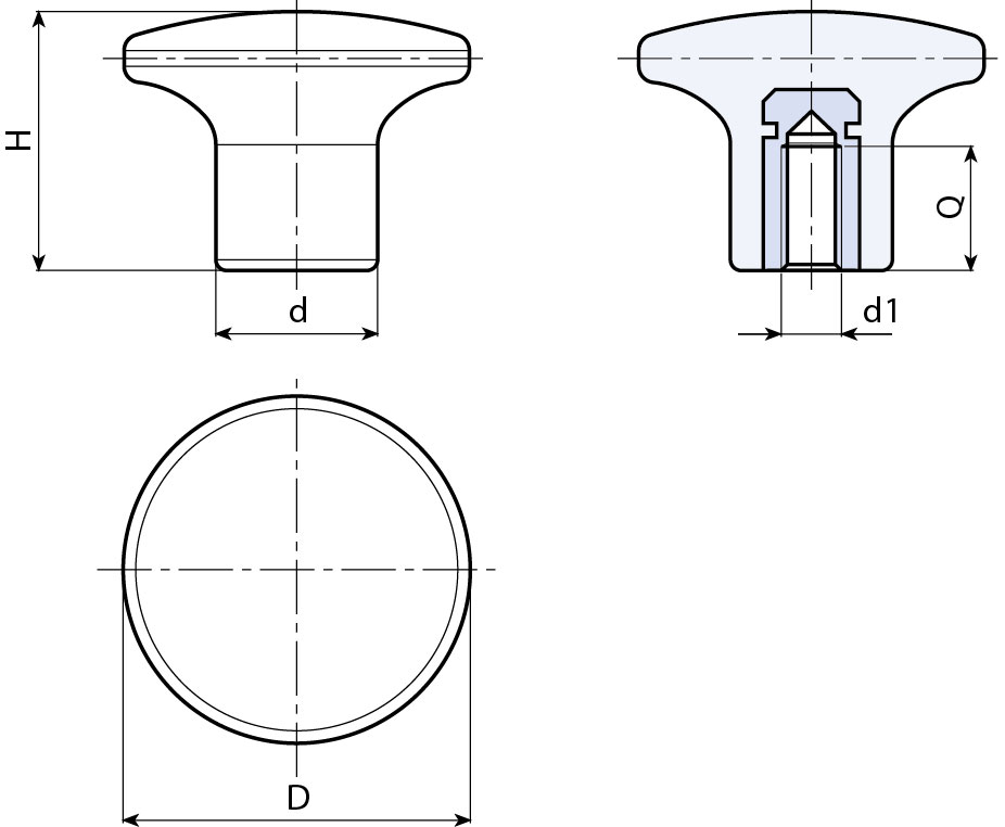 Leschhorn I117c Pilzgriffe  D 32; d 15; Gewinde d1 M5; Kunststoff PA, schwarz, - Boteco I117c Pilzgriffe