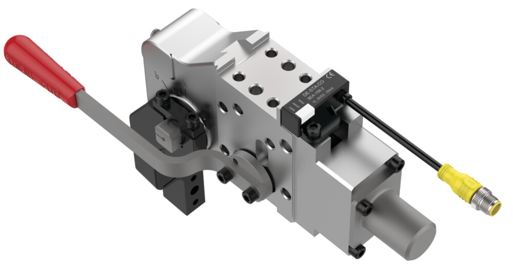 DESTACO 52H-3E03H050L8 Handspanner (*ersetzt 52H05-503K*A*), U-Spannarm mittig, Handhebel schraubbar, Zylinder Ø 50 mm, Sensor mit Steckerblock, Haltemoment 1300 Nm, Öffnungswinkel 5-135° - DESTACO 52H-3 Kraftspanner Sensor K8 mit Kabelanschluss - Ersatz BestellNr 8EA-158-2