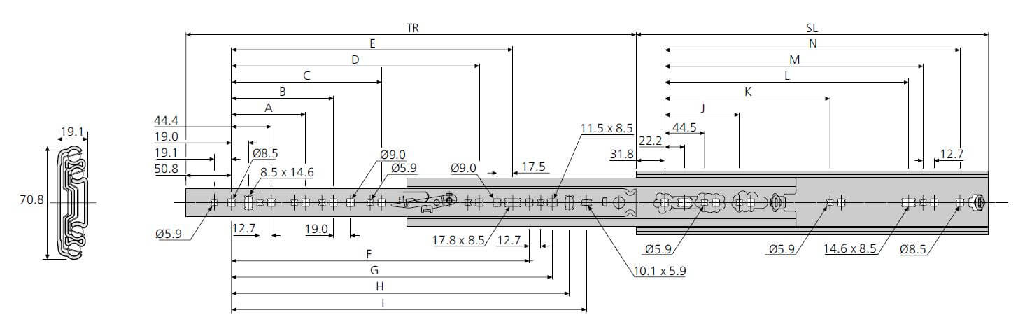 Accuride DZ7957-0024-2 Teleskopschienen, 100% Vollauszug 19,1x70,8, SL 609,6,TR 609,6, 160kg, hell verzinkt - Accuride DZ7957 Teleskopschienen - - Vollauszug - TZ