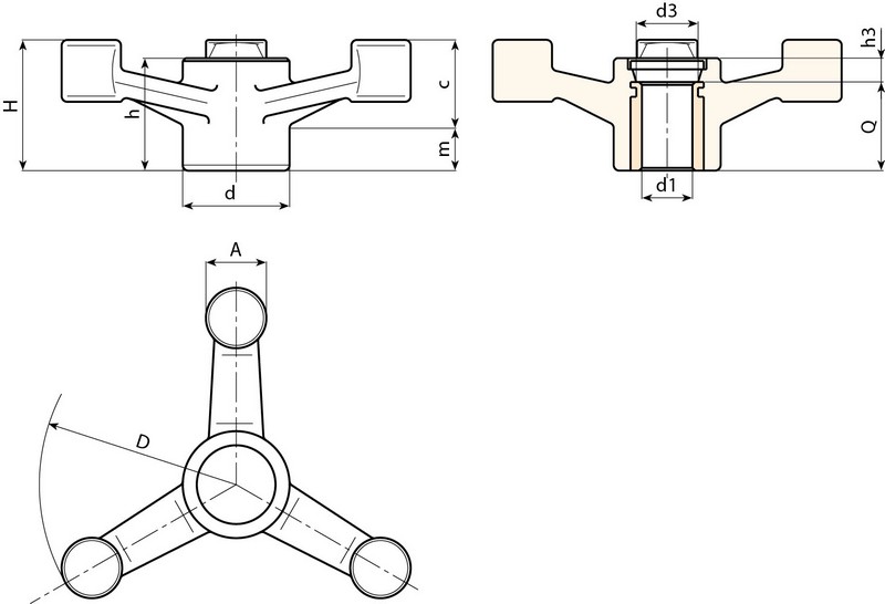 Leschhorn D214 Handräder mit drei Armen D 221; d 38; Gewinde d1 M16; Kunststoff PA, schwarz, Gewindebuchse - Boteco D214 Handraeder mit drei Armen