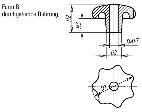 Kipp K0151.206 STERNGRIFF GG, FORM B, D1=32, D4=6 - KIPP K0151-B Sterngriffe DIN 6336 aus Grauguss - Fo