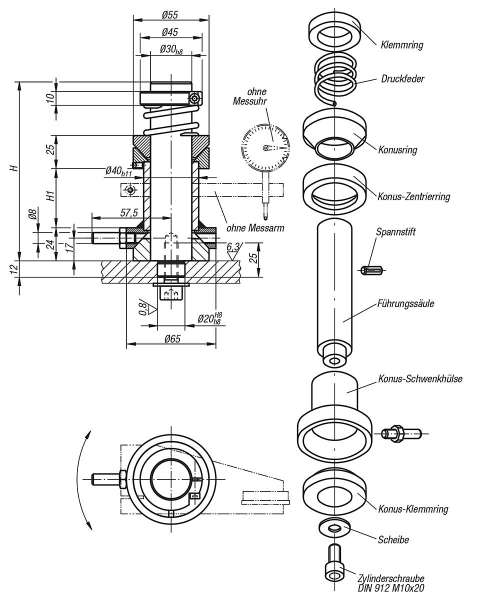 Norelem 33110-200 SCHWENKSÄULE  H=200 - NLM 33110 Schwenksaeulen - Massblatt