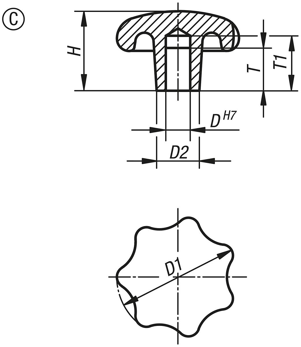 Norelem 06192-35010 STERNGRIFF FORM C, D1=50, D4=10H7, ALU, GEROMMELT - NLM 06192-C Sterngriffe aehnlich DIN 6336 aus Aluminium - Form C - Massblatt