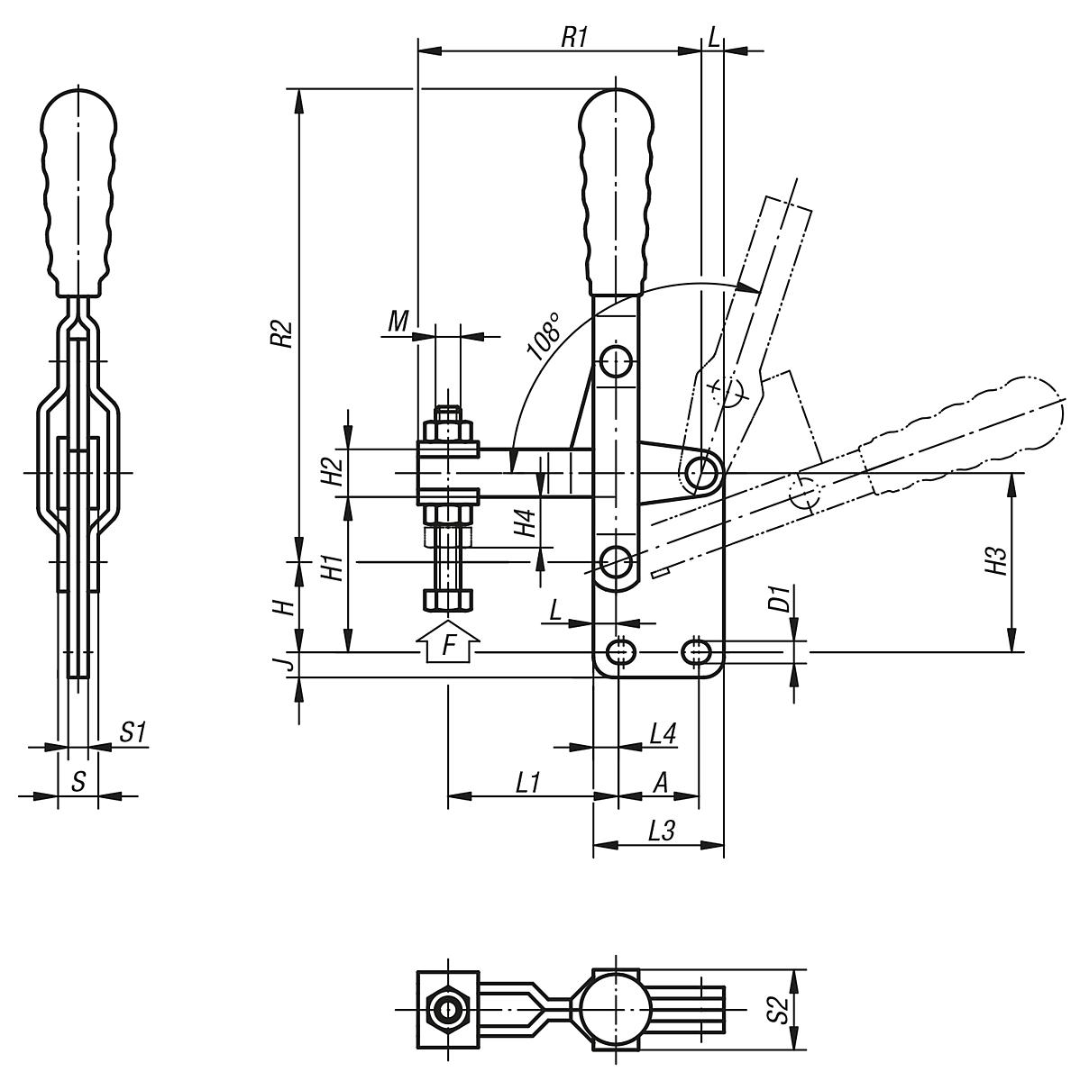 Norelem 05040-06 SCHNELLSPANNER VERTIKAL, MIT GERADEM FUSS, D=M6X45 - NLM 05040 Schnellspanner vertikal  mit geradem Fuss - Massblatt