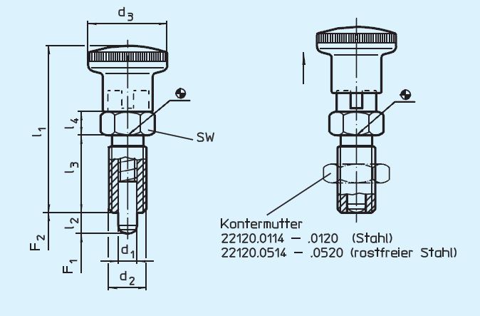 Halder 22110.0227 Rastbolzen kompakt mit Sechskantbund  und Arretierung  Ø 5 x 8, rostfreier Stahl - EH 22110 Rastbolzen kompakt mit Sechskantbund und Arretierung