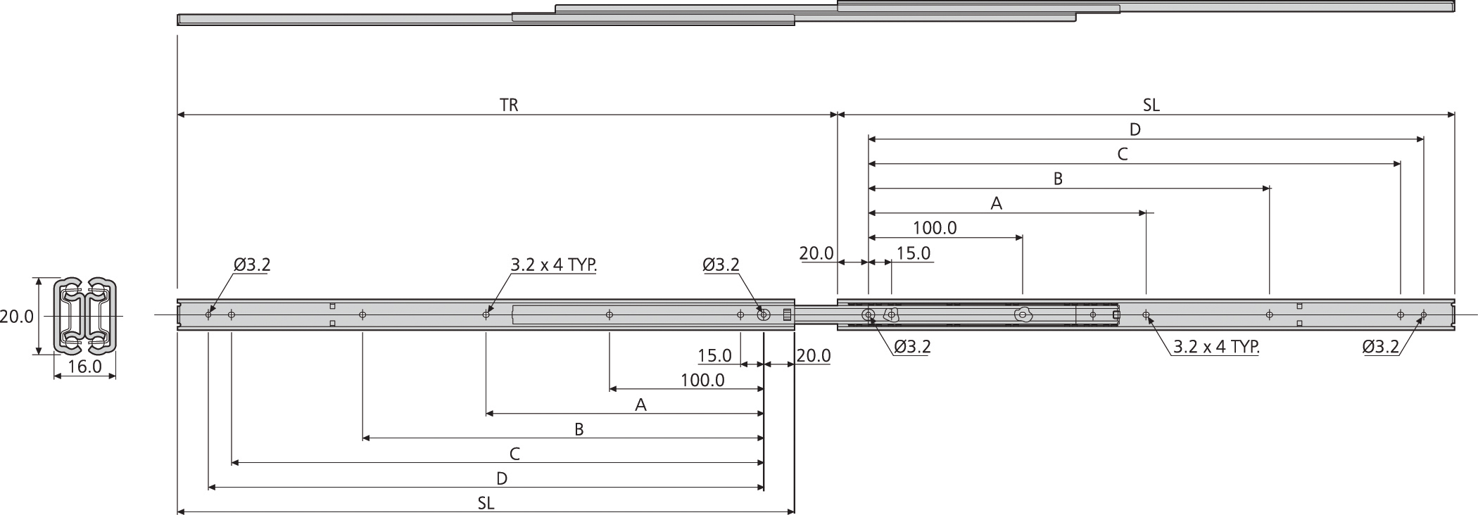 Accuride DZ2431-0045 Teleskopschienen 100% Vollauszug, 16x20, SL 450,TR 477, 16kg, hell verzinkt - 2431 Accuride Teleskopschiene technische Zeichnung