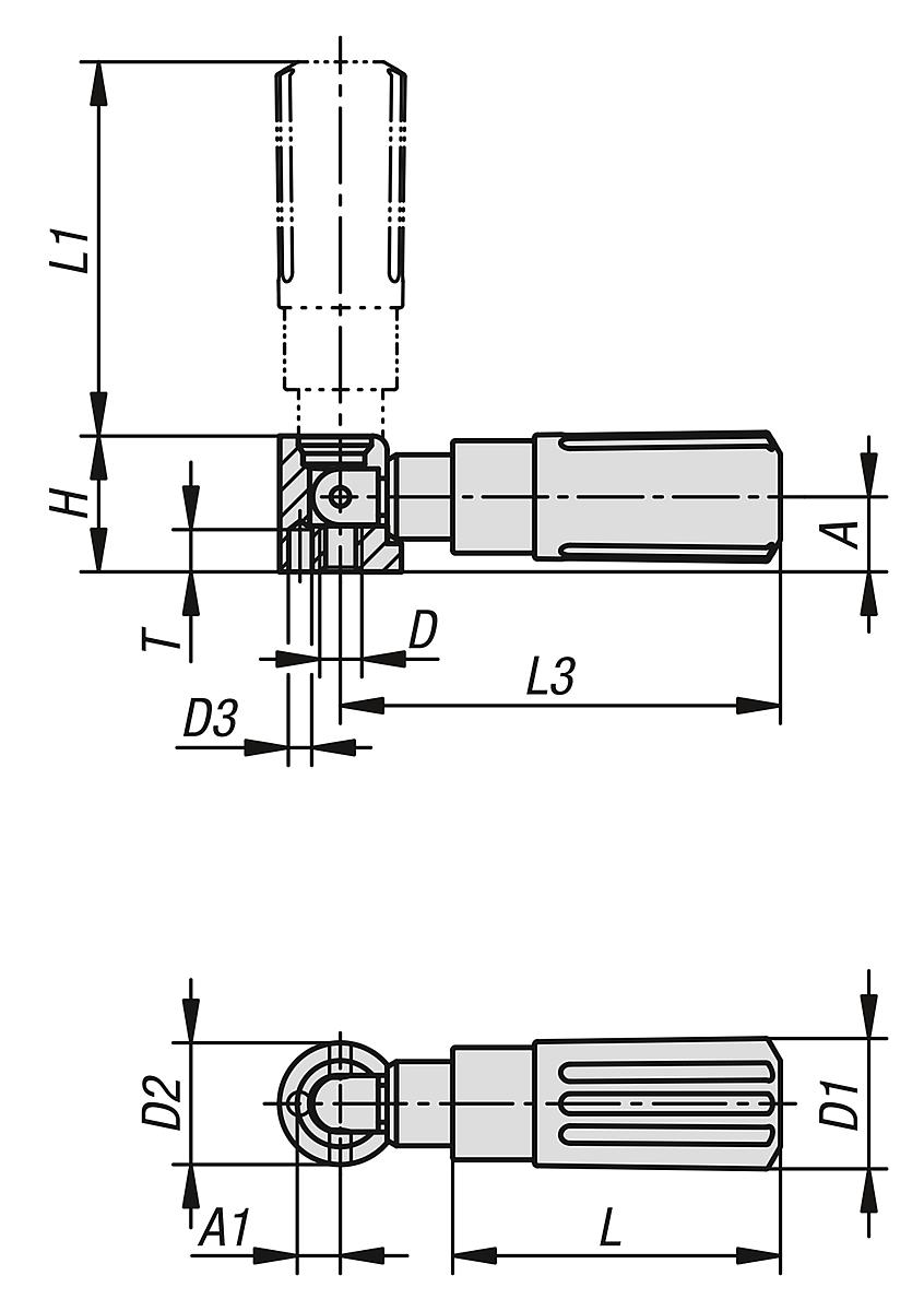 Norelem 06326-01-205 ZYLINDERGRIFF UMLEGBAR, GR.2, INNENGEWINDE M05, L1=49, THERMOPLAST, KOMP:STAHL - NLM 06326-01 Zylindergriffe Kunststoff umlegbar - Massblatt