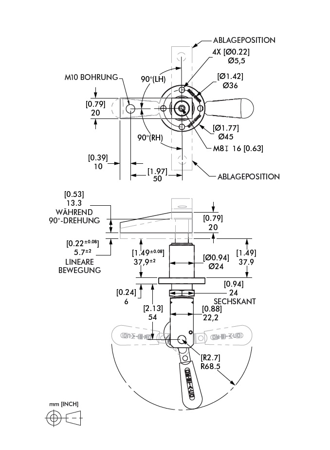 DESTACO 6004-SWL Manuelle Schwenkspanner, max. Haltekraft 2670N, Spannarm-Gewinde M10, linksschwenkend LH - DESTACO 6002-SWL - SWR Manuelle Schwenkspanner - Skizze