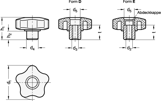 Ganter 5337.1-32-M5-D  Sterngriffe mit vorstehender Stahlbuchse, ohne Abdeckkappe, Griffdurchmesser d1: 32, Gewinde d3: M 5, Form: D - ohne Abdeckstopfen (Gewinde-Durchloch) - GN 5337-1 Sterngriffe mit vorstehender Stahlbuchse - ohne Abdeckkappe - Massblatt