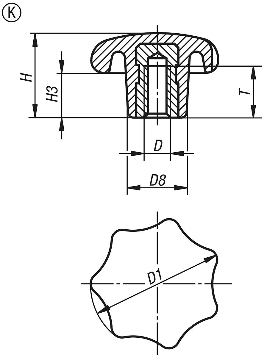 Norelem 06208-22004 STERNGRIFF D1=20  M4, FORM K, DUROPLAST - NLM 06208-K Sterngriffe aehnlich DIN 6336 - Innengewinde - Form K - Massblatt