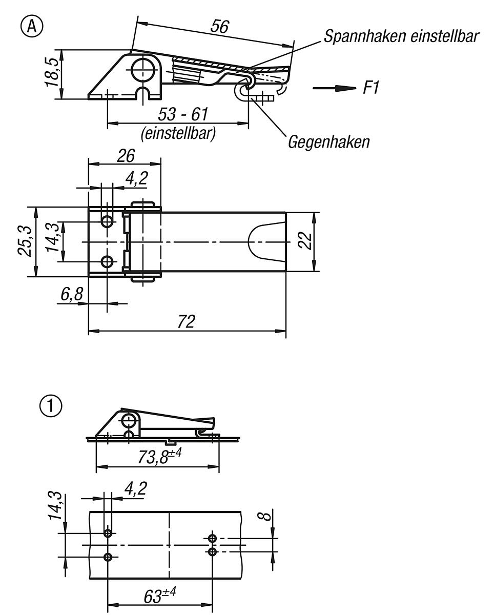 Kipp K0046.1420722 SPANNVERSCHLUSS EINSTELLBAR, FORM A, EDELSTAHL - K0046-SVA Spannverschluesse einstellbar Anschraubbohrungen sichtbar Form A - Massblatt