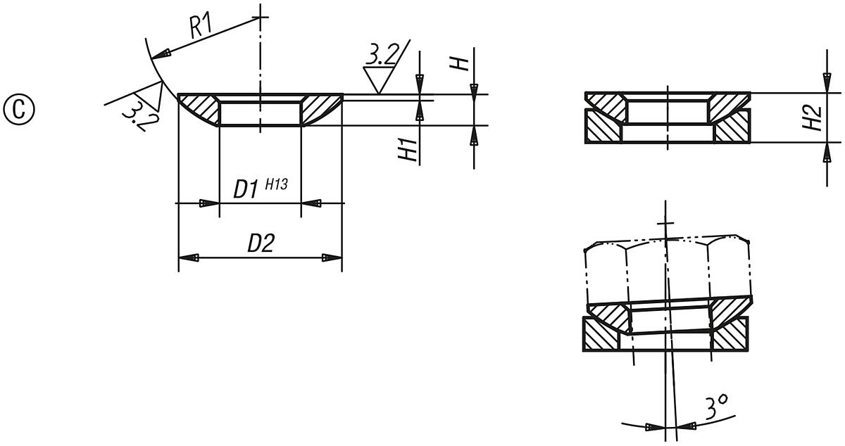 Kipp K0729.0112 KUGELSCHEIBE DIN 6319         EDELSTAHL, FORM C, D1=13 - K0729-C Kugelscheiben - Kegelpfannen Form C DIN 6319 - Ausgabe 10-01 - Massblatt