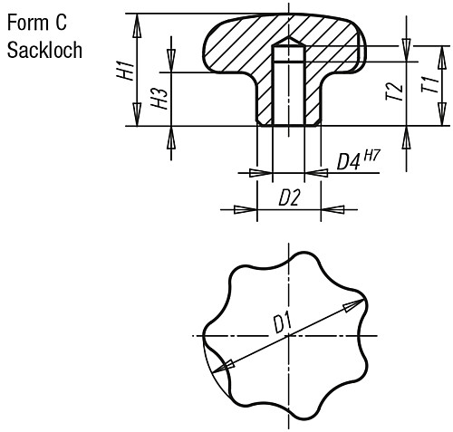 Norelem 06194-332062 STERNGRIFF                    EDELSTAHL, FORM C, D1=32, D4=6 - Norelem 06194-C Sterngriffe aehnlich DIN 6336 Edelstahl - Form C