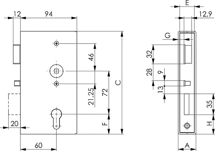 AMF 140PS-40PZW DIN L Selbstverriegelnder Schlosskasten, Kastenbreite A: 40 mm, C: 173 mm, E: 33 mm - LE 140PS Selbstverriegelnder Schlosskasten-Skizze
