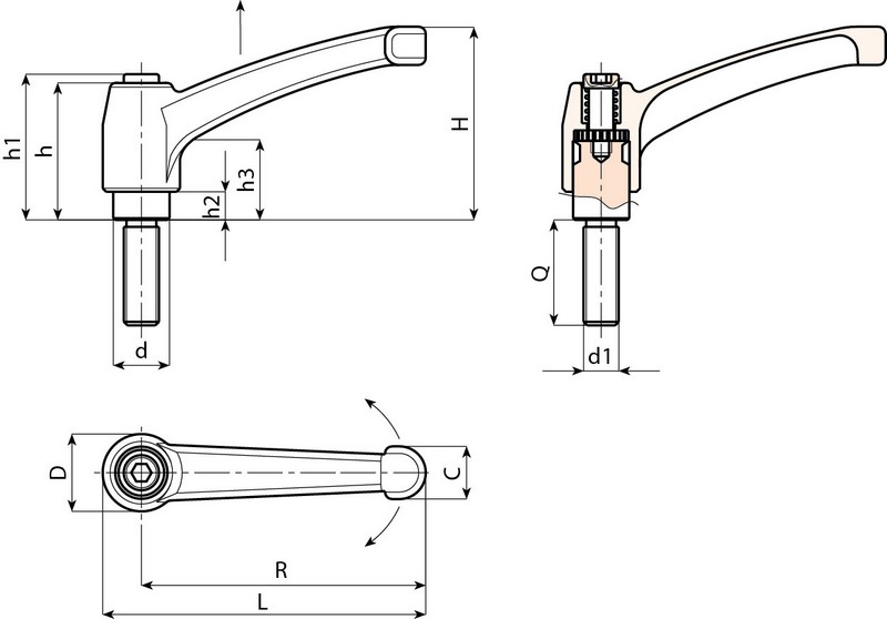 Leschhorn A593 verstellbare Klemmhebel  R 80; Außengewinde M12x50; rot - Boteco A593 Verstellbare Klemmhebel