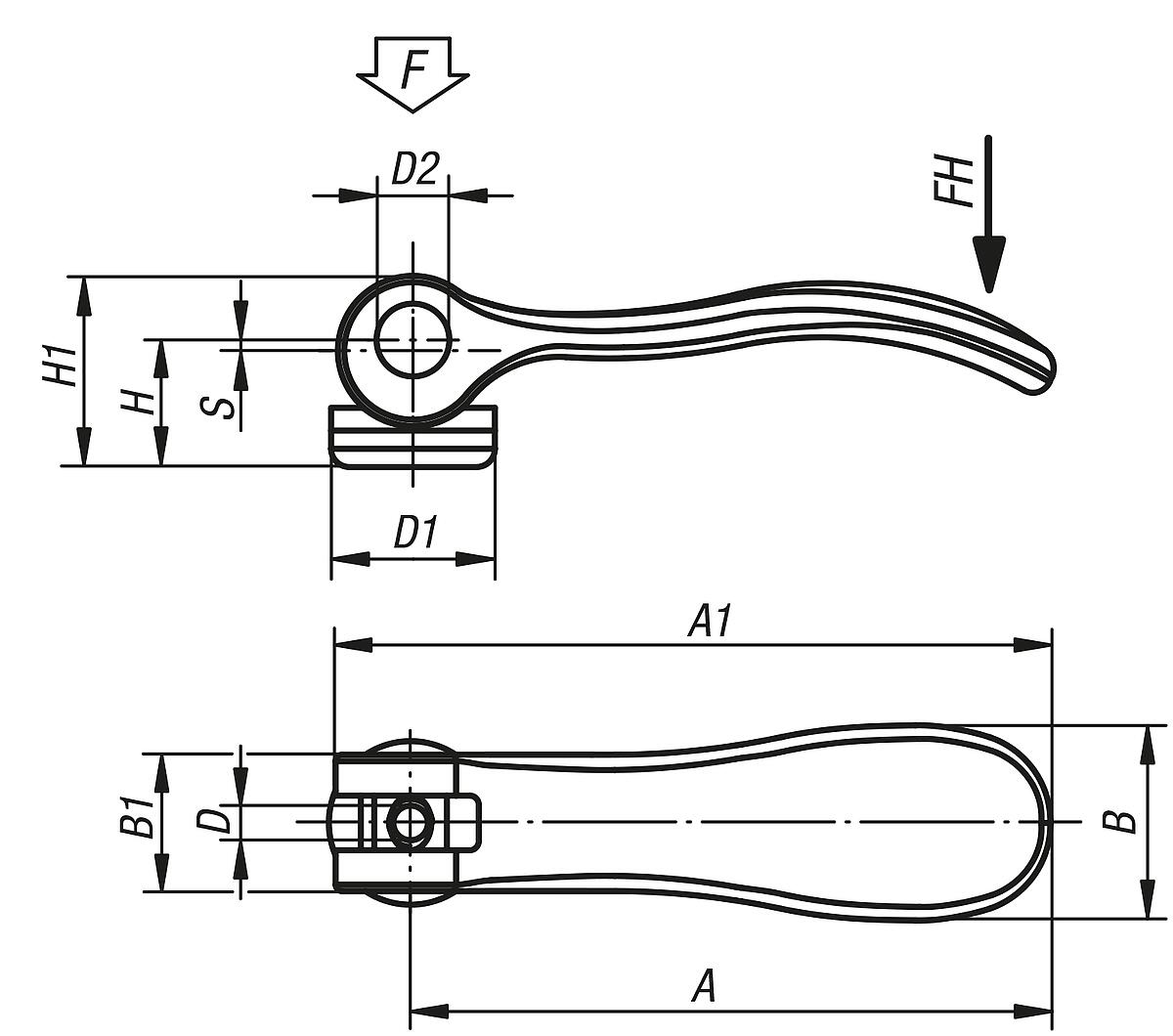 Kipp K0005.1511106 EXZENTERHEBEL GR.1 D=M06, A=70,4, B=21,5, ALUMINIUM SCHWARZ, PULVERBESCHICHTET, KOMP:EDELSTAHL - K0005-IG Exzenterhebel mit Innengewinde - Massblatt
