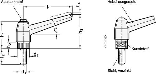 Ganter 503-100-M14-50-SW ELESA KLEMMHEBEL, M.AUSRASTKNOPF,SCHWARZ - GN 503 Verstellbare Klemmhebel mit Ausrastknopf - Kunststoff - Gewindestift Stahl-Skizze