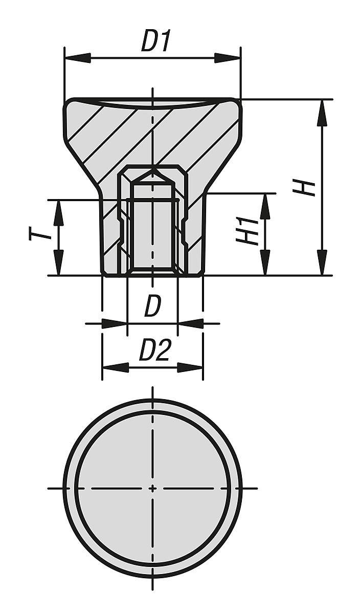 Norelem 06240-10-1104 PILZKNOPF GR.1 D=M04, D1=21, DUROPLAST SCHWARZ POLIERT, KOMP:EDELSTAHL BLANK - NLM 06240-10 Pilzknoepfe  mit Innengewinde - Massblatt