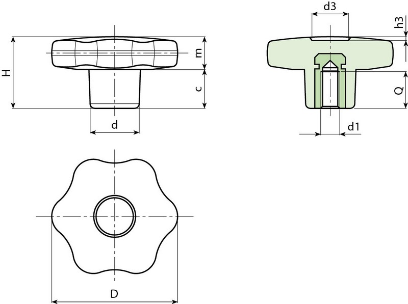 Leschhorn F175C Sterngriffe  D 30; d 15; Gewinde d1 M5; Kunststoff PA, schwarz, Gewindebuchse Edelstahl - LE F175-C Sterngriffe-EcoLine-Massblatt