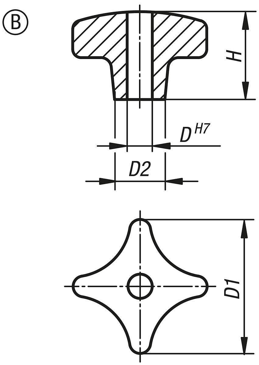 Kipp K0145.204008 KREUZGRIFF FORM B, D1=40, D4=8H7, ALU, GEROMMELT - K0145-B Kreuzgriffe aehnlich DIN 6335 aus Aluminium - Form B - Massblatt