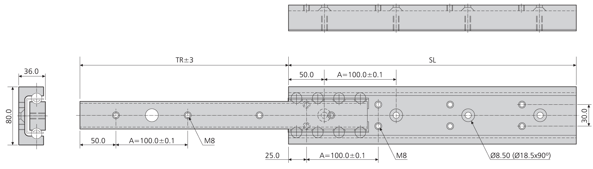 Accuride DA4120-0040 Teleskopschienen 75% Teilauszug, 36x80, SL 400, TL 290, 370kg - DA 4120 Accuride Teleskopschiene technische Zeichung