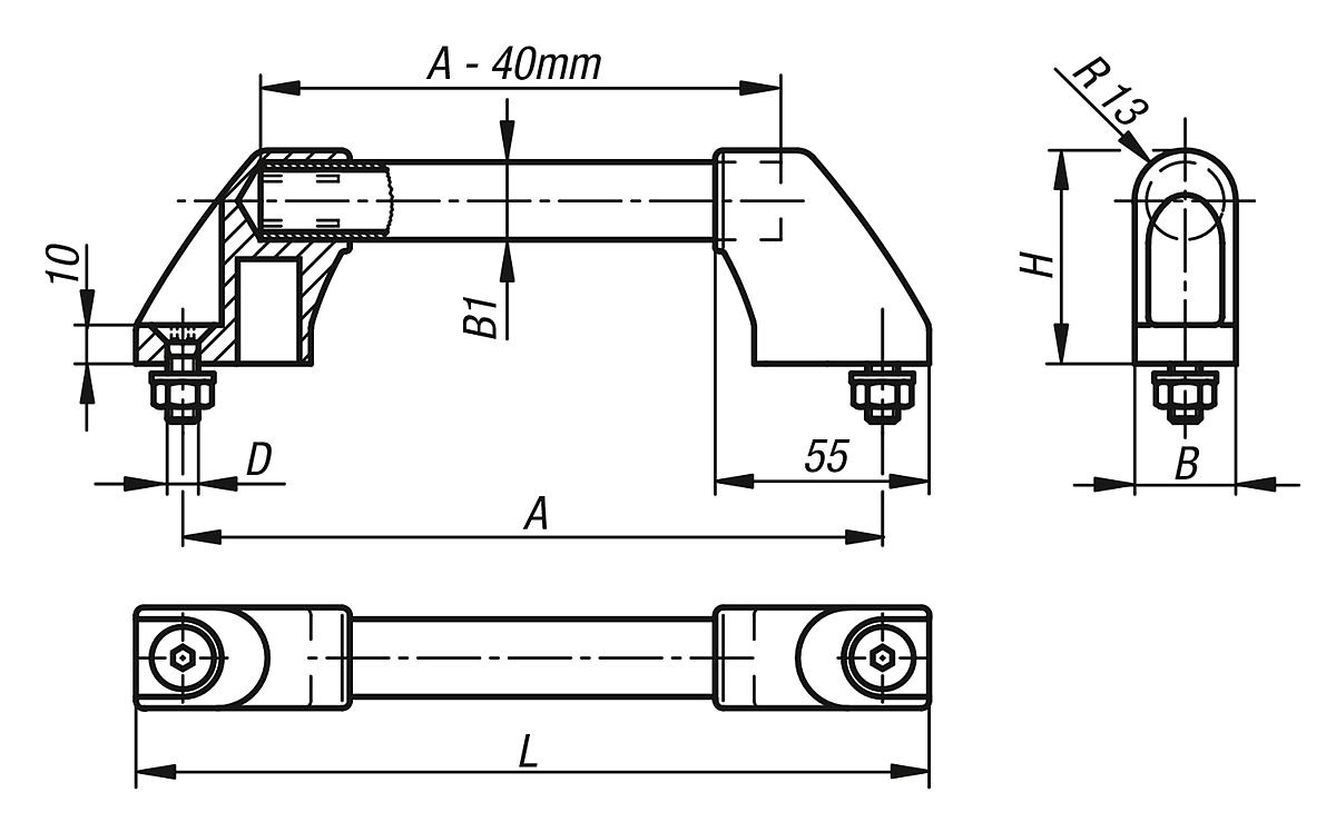 Norelem 06926-6003 LEICHTBAUGRIFF FORM B, A=600 - NLM 06926 Leichtbaugriffe - Massblatt