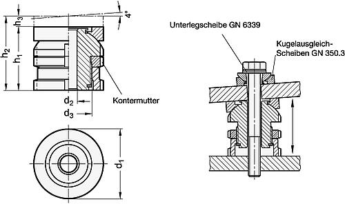 Ganter 350.5-25-5,5-27-NI EDELSTAHL AUSGLEICH ELEMENT MIT KUGELSCHEIBE - GN 350-5 Ausgleich Elemente mit Kugelscheibe - mit Kontermutter - Stahl-Skizze