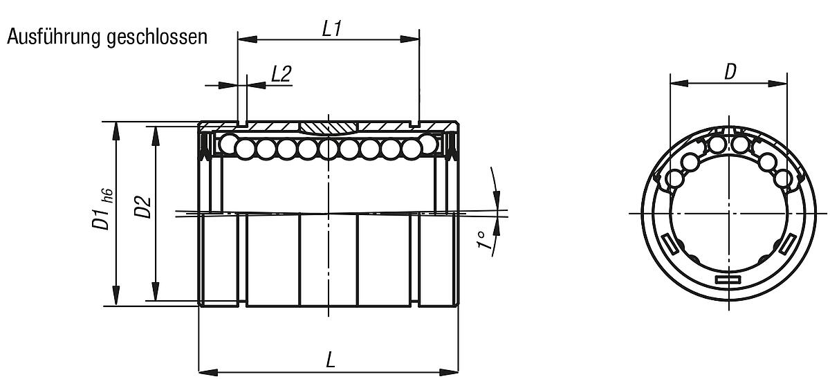 Norelem 21515-3002 LINEARKUGELLAGER GESCHLOSSEN D=30, MIT WINKELFEHLERAUSGLEICH - NLM 21515-AG Linearkugellager mit Winkelfehlerausgleich - hohe Tragzahl - geschlossen - Massblatt