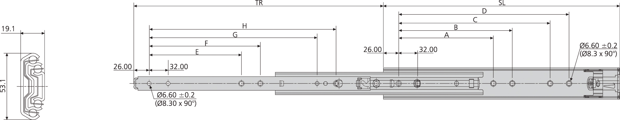 Accuride DS5321-0030 Teleskopschienen 100% Überauszug, 19,1x53,1, SL 300, TR 323,5, 140kg -Edelstahl - 5321SC Accuride Teleskopschiene technische Zeichnung