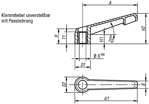 Kipp K0175.106001 KLEMMHEBEL UNVERSTELLBAR GR.1, PASSBOHRUNG 6H8 - KIPP K0175-PB Klemmhebel unverstellbar mit Passboh