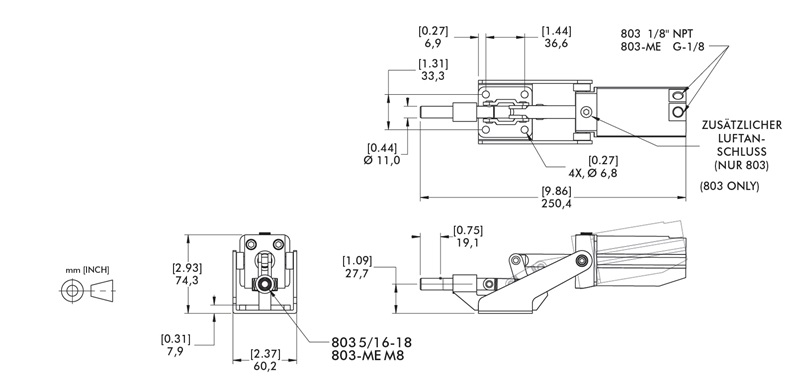 DESTACO 803-ME Standard Kraftspanner Haltekraft 2670 N  Schubstangenspanner  horizontaler Zylinder, ME - metrische Ausführung, (Sensor 8EA-109-1 separat bestellen) - DESTACO 803-ME Standard Kraftspanner Haltekraft 2670 N Schubstangenspanner horizontaler Zylinde-Sk