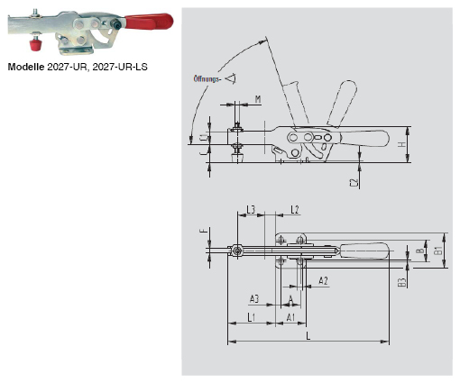 DESTACO 2027-UR Horizontalspanner Haltekraft 3700N, Öffnungswinkel 70° - 2027-UR UR-LS Horizontalspanner - U- Spannarm - Fuss abgewinkelt