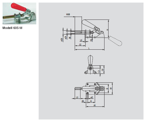 DESTACO 605 Schubstangenspanner Standard  Haltekraft 1330N, Hub 32mm , ohne Andruckspindel,  Kolbebgewinde 5/16-18, Inch (Zoll) - 605-M Schubstangenspanner Standard