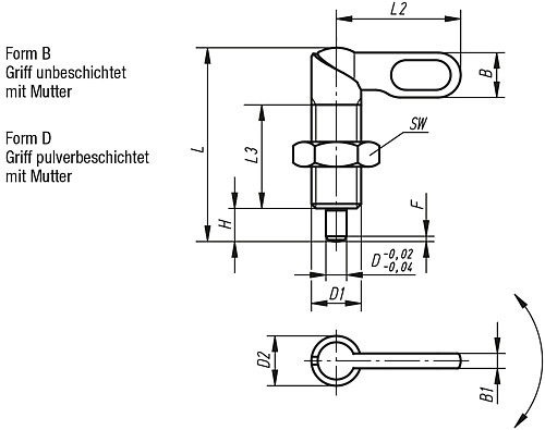 Kipp K0348.0506121 SPERRRIEGEL FORM B, D=6, D1=M12X1,5 MIT MUTTER - KIPP K0348-BD Sperrriegel Form B und D