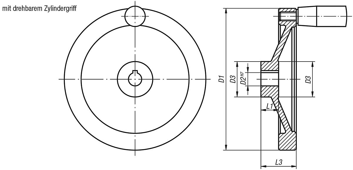 Kipp K0161.5140X15 SCHEIBENHANDRAD ALU, DREHB.GR.M.NUT, D1=140, D2=15 - K0161-MDG Scheibenhandraeder aus Aluminium - mit drehbarem Zylindergriff - Massblatt