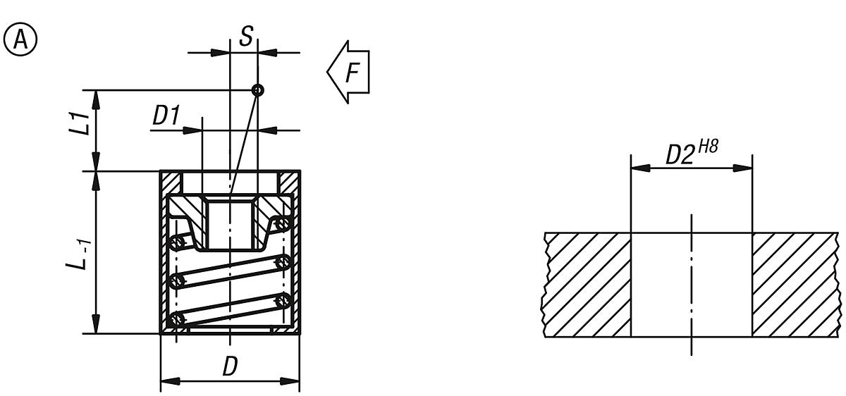 Norelem 03332-31108 FEDERNDES SEITENDRUCKSTÜCK FORM A, OHNE DRUCKBOLZEN, D=16, D - NLM 03332-A Federnde Seitendruckstuecke ohne Druckbolzen Form A - Massblatt