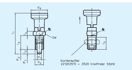 Halder 22120.0615 Rastbolzen mit Sechskantbund und Arretierung Ø 5, rostfreier Stahl - EH 22120 Rastbolzen mit Sechskantbund und Arretierung - rostfreier Stahl