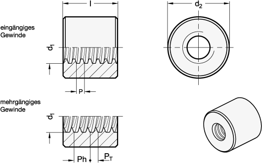 Ganter 103.3-10X2-LH-1-NI  Trapezgewindemuttern, Stahl / Edelstahl / Rotguss / Kunststoff, ein- und mehrgängig, zylindrisch, d1 x P: 10 x 2, Steigungsrichtung: LH - Linksgewinde, Kennziffer: 1 - kurze Ausführung (Werkstoff ST / NI) - GN 103-3 Trapezgewindemuttern-Stahl-Edelstahl-Rotguss-Kunststoff-zylindrisch-Massblatt