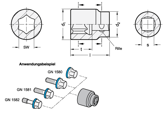 Ganter 3124-10-6,3-K-AL  Steckschlüsseleinsätze, Aluminium, für Hygienic Design Normelemente, Schlüsselweite sw: 10, Vierkant s: 6.3, Kennzeichen: K - kurze Ausführung - GN 3124 Steckschluesseleinsaetze - Aluminium - fuer Hygienic Design Normelemente - Massblatt