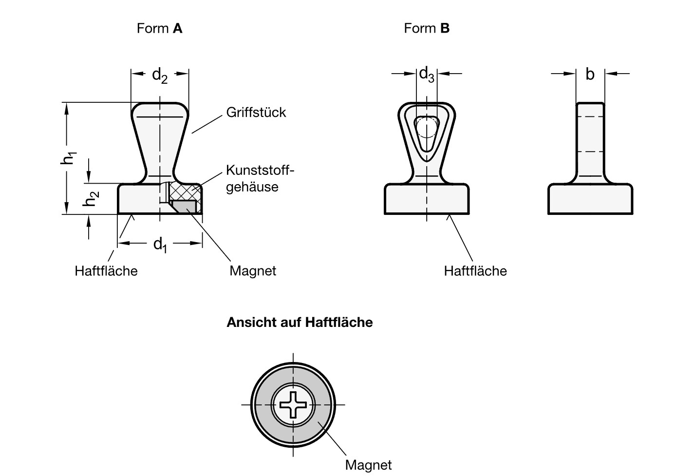 Ganter 53.3-ND-17-A-GR Haftmagnete mit Kunststoffgehäuse - GN-53-3-Haftmagnete-Scheibenform-mit-Griffstueck-mit-Kunststoffgehaeuse-Skizze