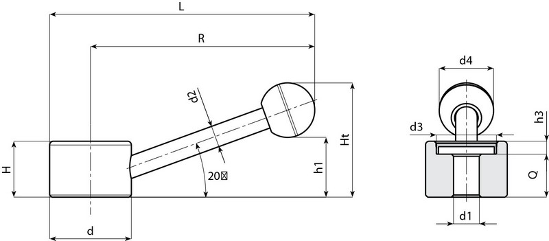 Leschhorn W10 verstellbare Flachspannhebel d 48; R 128; H 30; d1 D14;  Z- Verzinkt - Boteco W510 verstellbare Flachspannhebel
