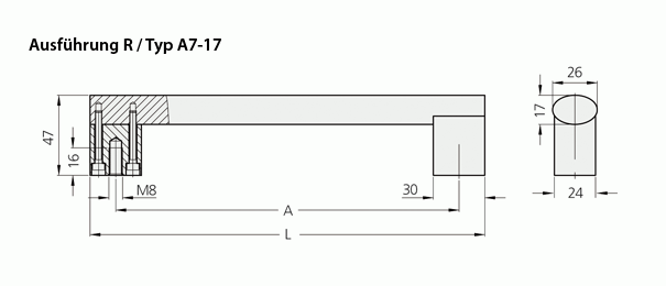Leschhorn A7-13.F100.11 Rohrgriffe  frontseitige Befestigung A 100,  Schenkel natur, Griffsteg natur, - Griff aus Einzelelementen, komplett montiert - LE A7-17 Rohrgriffe - rueckseitigen Anschrauben - Massblatt