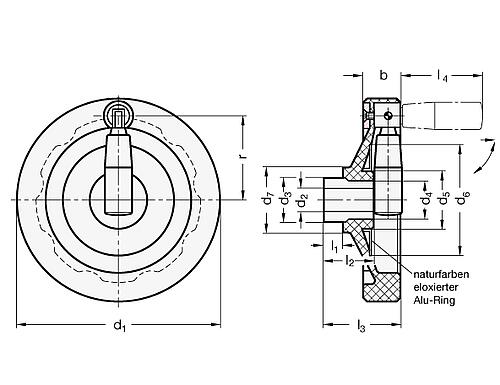 Ganter 520.4-250-K22-D Umleggriff Handräder, Kunststoff, Buchse / Umlegmechanik Stahl - GN 520-4 Umleggriff Handraeder - Kunststoff - Buchse - Umlegmechanik Stahl-Skizze