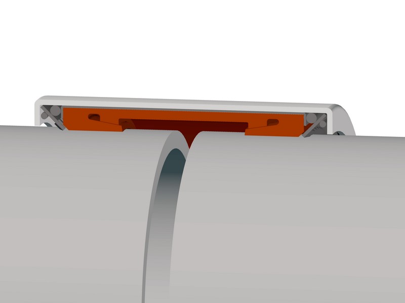 Leschhorn Rohrkupplung mit zugfester Verbindung FIX-L, DA 244,5; Bereich 242,0-247,0; PN 5,5; BL 141; Material A2, Dichtung EPDM - Proportional steigender Druck in Dichtung und Rohr