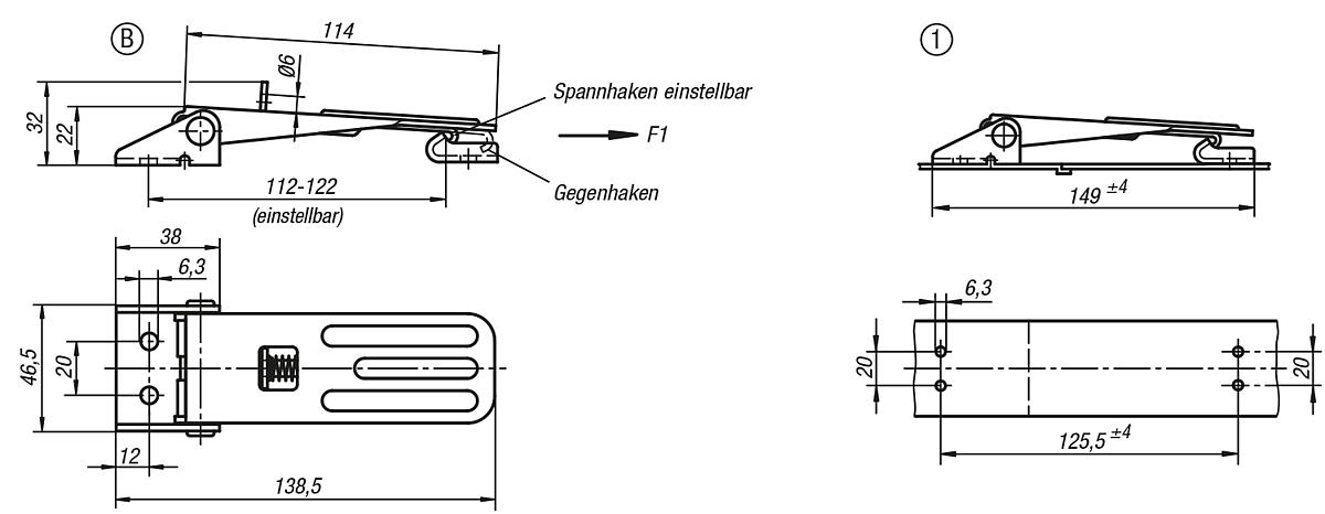 Kipp K0048.3631392 SPANNVERSCHLUSS EINSTELLBAR, FORM C, EDELSTAHL - K0048-SVC Spannverschluesse einstellbar Anschraubbohrungen sichtbar Form C - Massblatt
