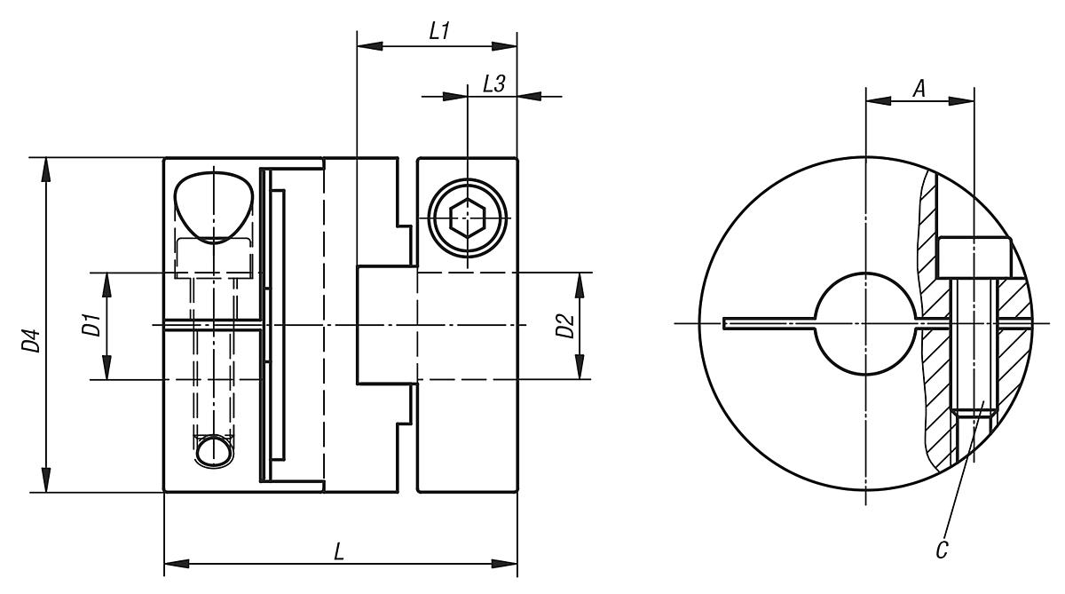 Norelem 23030-0025 KREUZSCHIEBERKUPPLUNG, GR. 25,VORGEBOHRT D1+D2=6,35(23030 00 - NLM 23030 Kreuzschieberkupplungen mit radialer Klemmnabe - Massblatt